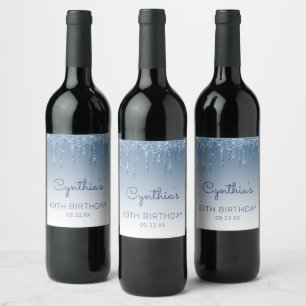 Étiquette Pour Bouteilles De Vin Fête d'anniversaire de 60 ans Glam Bleu Paillettes