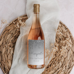 Étiquette Pour Bouteilles De Vin Fête d'anniversaire de 70 ans Glam Silver Glitter