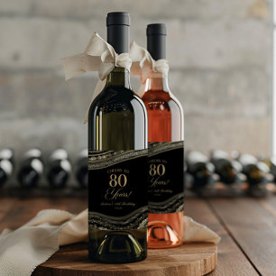 Étiquette Pour Bouteilles De Vin Fête d'anniversaire de 80 ans en Agate Noire Dorée