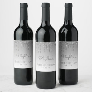 Étiquette Pour Bouteilles De Vin Fête d'anniversaire de 80 ans Glam Silver Glitter