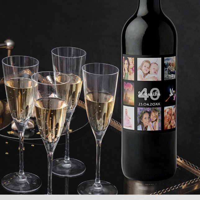 Étiquette Pour Bouteilles De Vin Fête de 40e anniversaire photo collage noir (Créateur téléchargé)