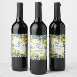 Étiquette Pour Bouteilles De Vin Fête de bébé aux citrons jaunes sur carreaux bleus