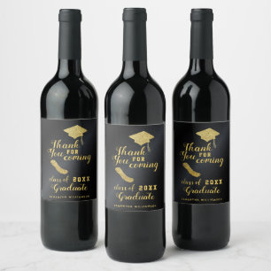 Étiquette Pour Bouteilles De Vin Fête de graduation Merci noir et or