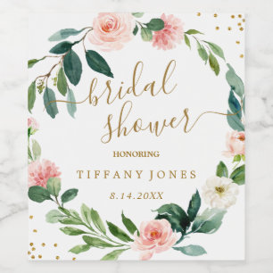 Étiquette Pour Bouteilles De Vin Fête de mariage Floral Blush Rose Gold Confetti
