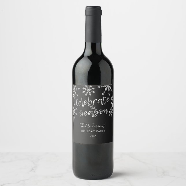 Étiquette Pour Bouteilles De Vin Fête de Noël Silver Black Snowflake (Devant)