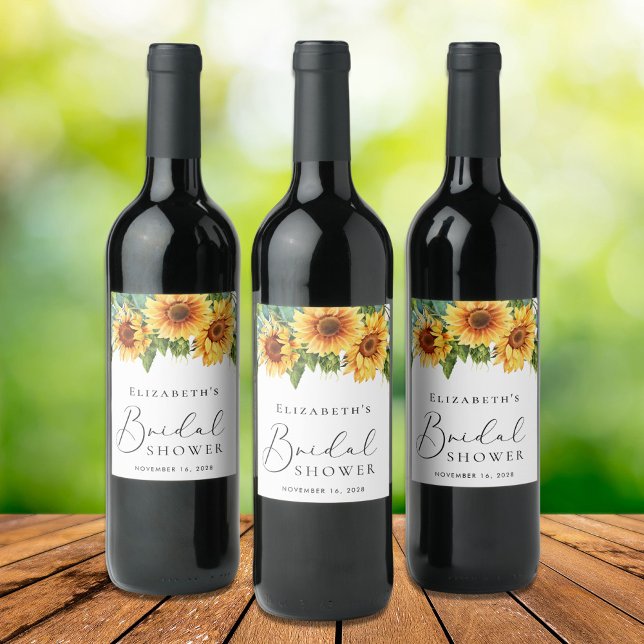 Étiquette Pour Bouteilles De Vin Fête des mariées d'aquarelle de tournesol Eucalypt (Créateur téléchargé)