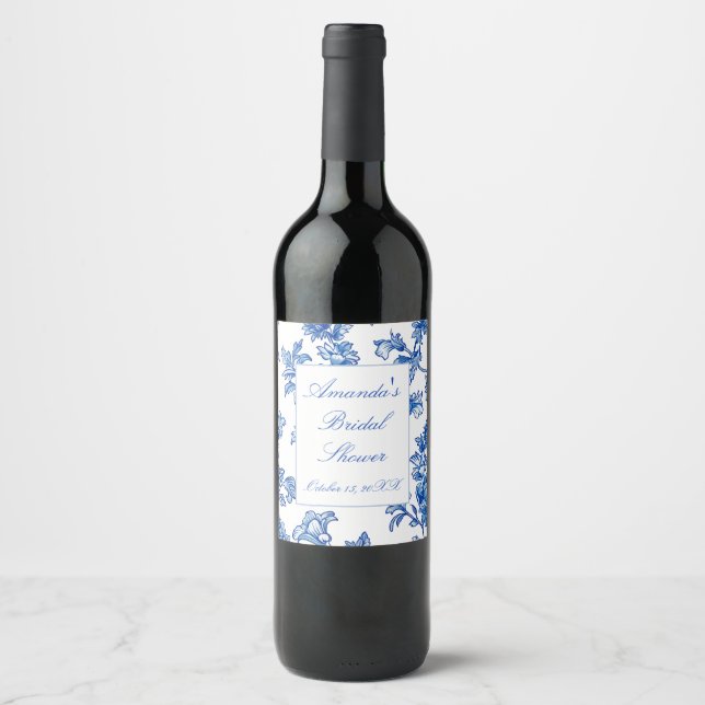 Étiquette Pour Bouteilles De Vin Fête des mariées de la Chinoiserie Bleue et Blanch (Devant)