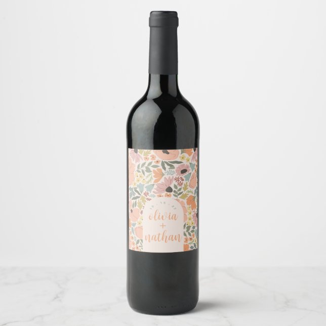 Étiquette Pour Bouteilles De Vin Fête des mariées florale ou Mariage personnalisé (Devant)