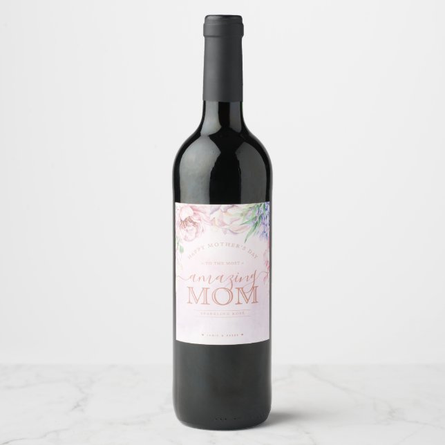 Étiquette Pour Bouteilles De Vin Fête des mères florales personnalisée (Devant)