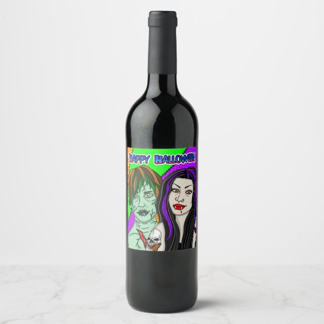 Étiquette Pour Bouteilles De Vin Fête d'Halloween | Pop Art zombie Vampire (Devant)