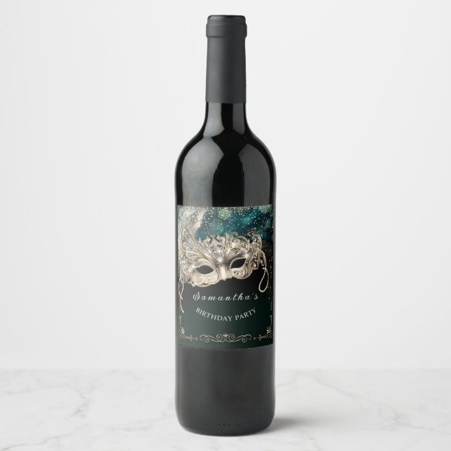 Étiquette Pour Bouteilles De Vin Fête Mascarade d'émeraude noire personnalisée (Devant)