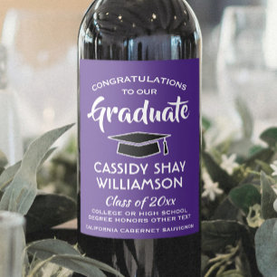 Étiquette Pour Bouteilles De Vin Fêtes de Graduation Congrats Moderne violet et bla