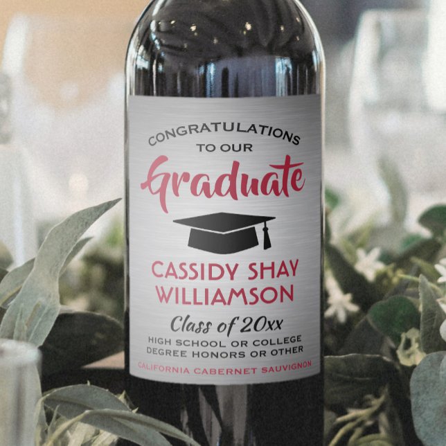 Étiquette Pour Bouteilles De Vin Fêtes de Graduation Gris Brossé Rouge & Noir (Créateur téléchargé)