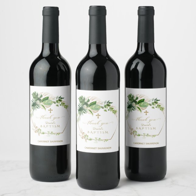 Étiquette Pour Bouteilles De Vin Feuillage Tropical Or Croix Boy Baptême (Bouteilles)
