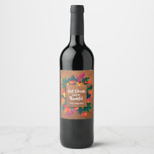 Étiquette Pour Bouteilles De Vin Feuilles d'automne de Thanksgiving sur cuir