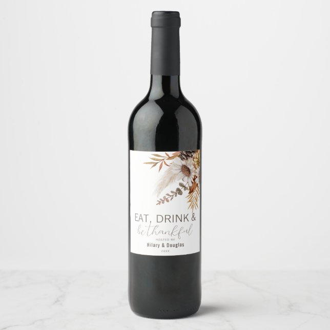 Étiquette Pour Bouteilles De Vin Feuilles d'automne et Thanksgiving floral (Devant)