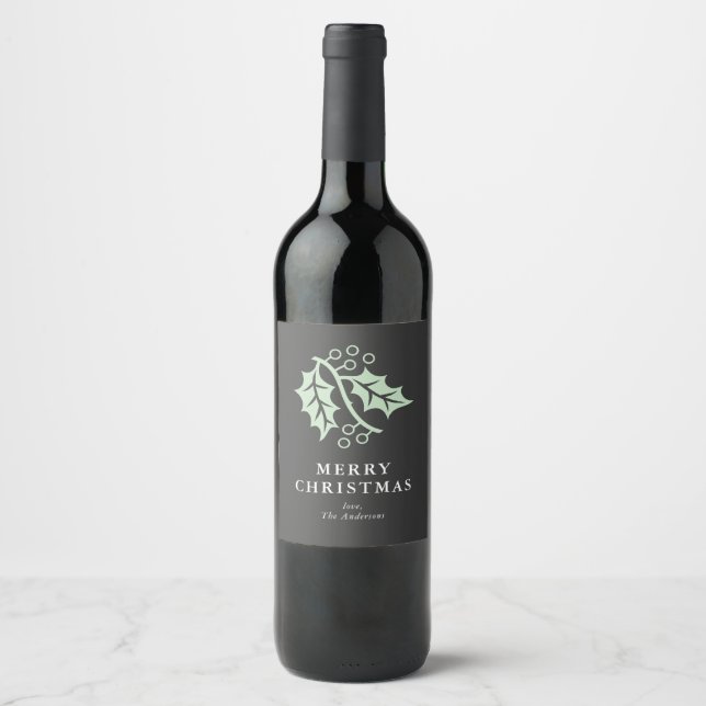 Étiquette Pour Bouteilles De Vin Feuilles Holly et Berries Noël gris charbon (Devant)