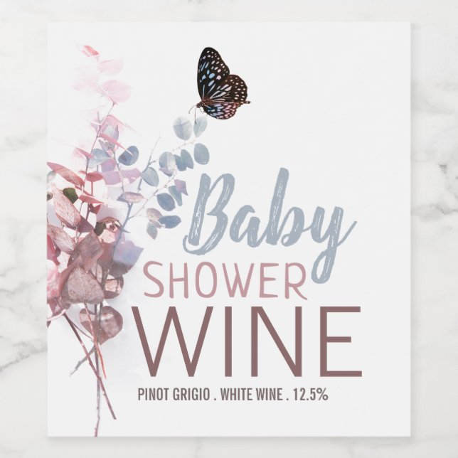 Étiquette Pour Bouteilles De Vin Feuilles papillons, Baby shower élégant (Étiquettes simples)