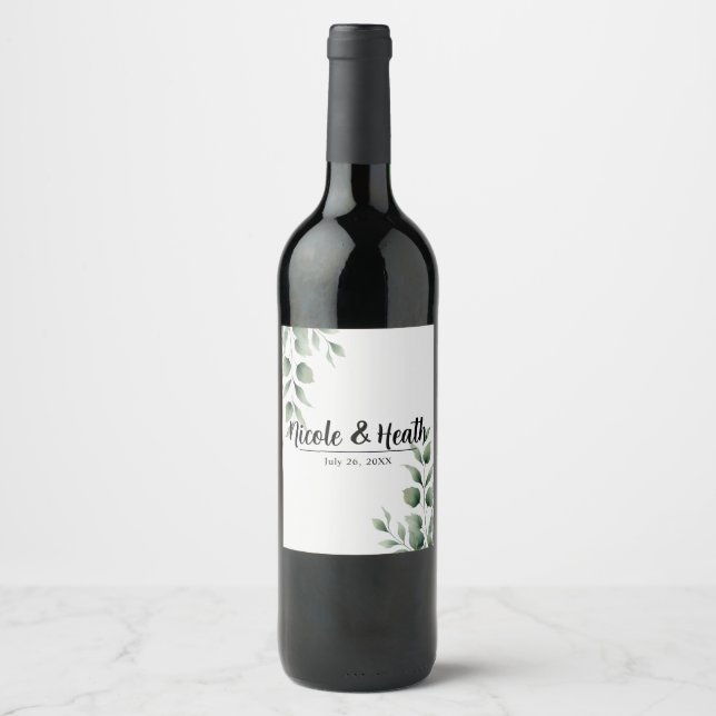 Étiquette Pour Bouteilles De Vin Feuilles verdoyants minimaux Mariage blanc moderne (Devant)