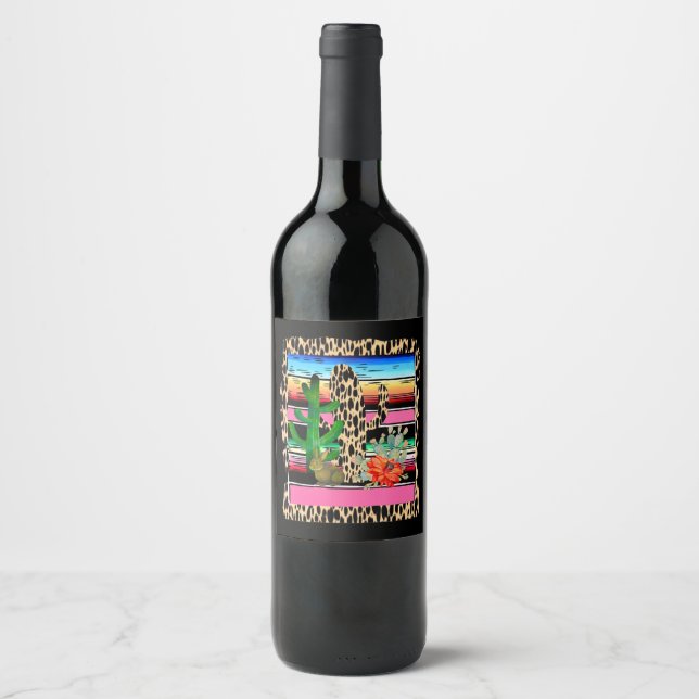 Étiquette Pour Bouteilles De Vin Fiesta Serape Cheetah Cactus Fleur Cactus Rabbit (Devant)