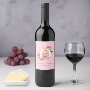 Étiquette Pour Bouteilles De Vin Fille Rose Baptême Photo Orchidées Floral Géométri
