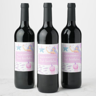Étiquette Pour Bouteilles De Vin Fille sous la mer 1er anniversaire Fête de sirène