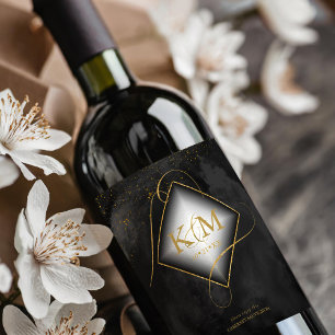Étiquette Pour Bouteilles De Vin Fine Lines Gold Abstrait Mariage V2 Black ID867