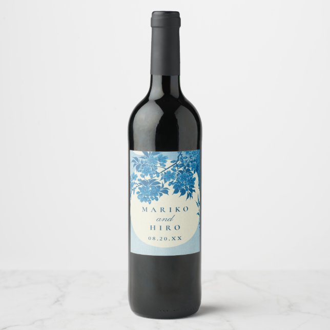 Étiquette Pour Bouteilles De Vin Fleur de cerisier bleu japonais antique (Devant)