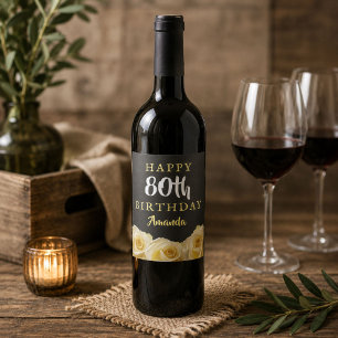 Étiquette Pour Bouteilles De Vin Fleur de rose jaune florale 80e anniversaire