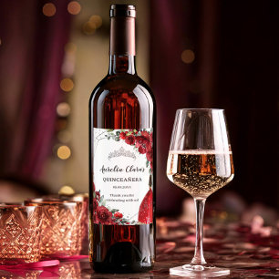 Étiquette Pour Bouteilles De Vin Fleur Florale Rouge Argent Quinceañera 16e anniver