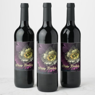 Étiquette Pour Bouteilles De Vin Fleur fractale grise pourpre moderne abstraite
