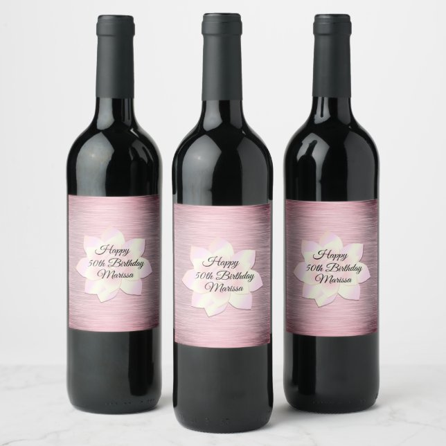Étiquette Pour Bouteilles De Vin Fleur Lotus Rose Blush Élégante Anniversaire (Bouteilles)