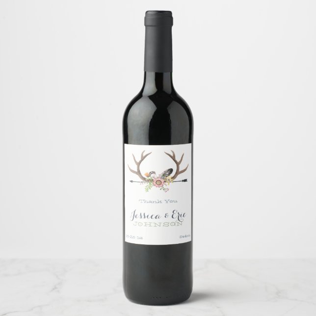 Étiquette Pour Bouteilles De Vin Fleur sauvage Arrow et Mariage Antlers (Devant)