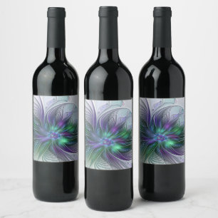 Étiquette Pour Bouteilles De Vin Fleur verte abstraite moderne fractale violette