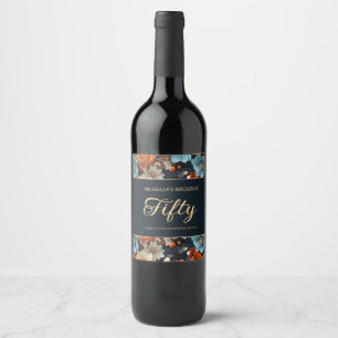 Étiquette Pour Bouteilles De Vin Fleurs bleues orange Noir 50e anniversaire