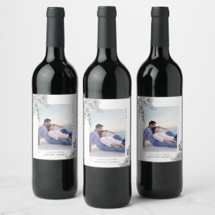 Étiquette Pour Bouteilles De Vin Fleurs d'aquarelle grise et photo