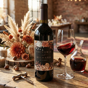 Étiquette Pour Bouteilles De Vin Fleurs de rouille en terre cuite Mariage noir Feui