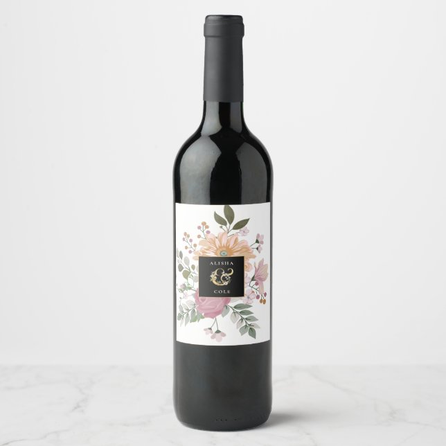 Étiquette Pour Bouteilles De Vin Fleurs d'été sur Mariage blanc (Devant)