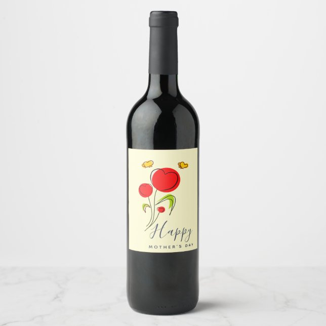 Étiquette Pour Bouteilles De Vin Fleurs du Coeur Rouge mignonnes Illustration Fête  (Devant)