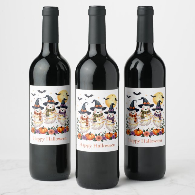 Étiquette Pour Bouteilles De Vin Fleurs Fantômes mignons Chats Citrouille Halloween (Bouteilles)