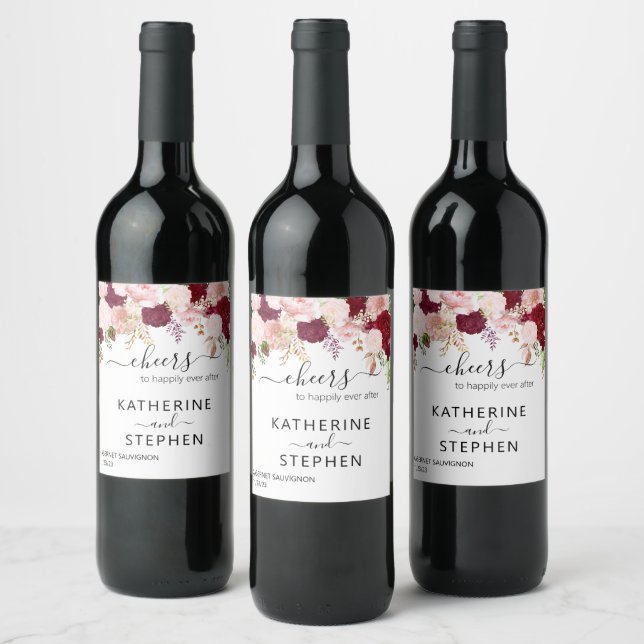 Étiquette Pour Bouteilles De Vin Fleurs florales Mariage Blush Bourgogne (Bouteilles)