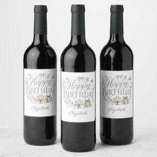 Étiquette Pour Bouteilles De Vin Fleurs personnalisées avec nom Joyeux Anniversaire