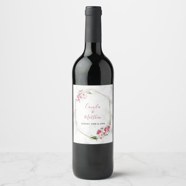 Étiquette Pour Bouteilles De Vin Fleurs roses à cadre doré (Devant)