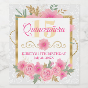 Étiquette Pour Bouteilles De Vin Fleurs roses aquarelle et Quinceañera feuille d'or