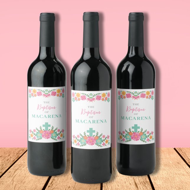 Étiquette Pour Bouteilles De Vin Fleurs roses et aqua avec croix bébé fille Baptême (Créateur téléchargé)