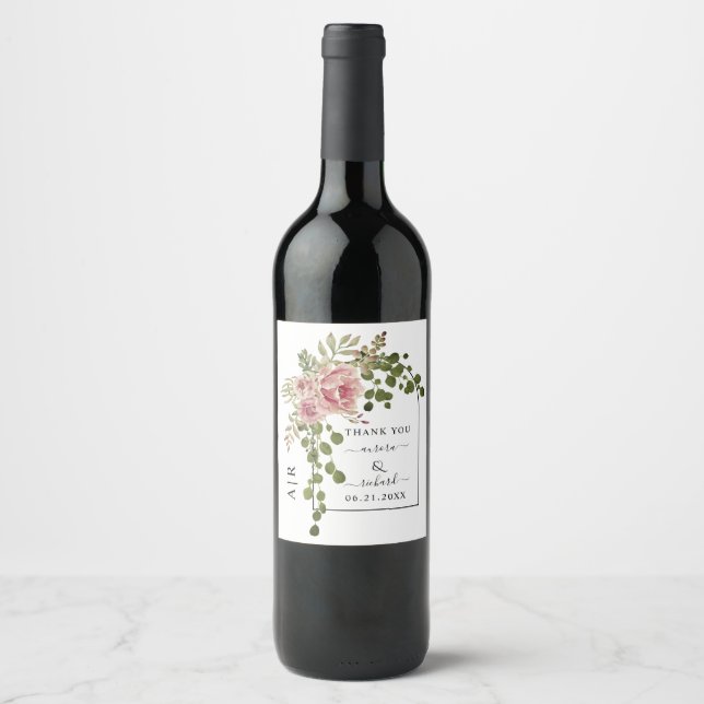 Étiquette Pour Bouteilles De Vin Fleurs roses poussiéreuses, vin mariage Merci en a (Devant)