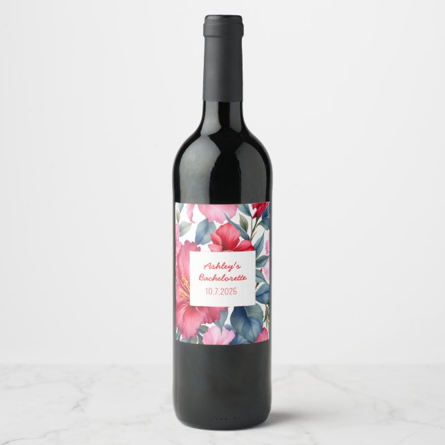 Étiquette Pour Bouteilles De Vin Fleurs Roses Rouges Célibataire Tropicale   (Devant)