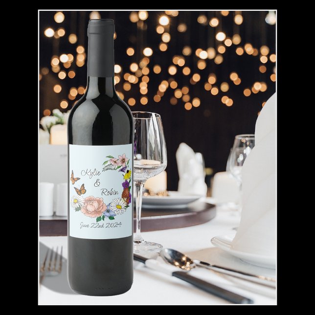 Étiquette Pour Bouteilles De Vin Fleurs sauvages Champignons bleus floraux (Créateur téléchargé)