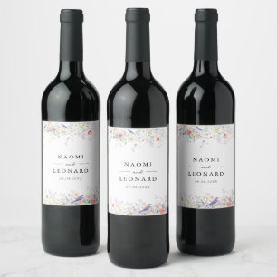 Étiquette Pour Bouteilles De Vin Fleurs sauvages fantaisistes et oiseaux bleus aqua