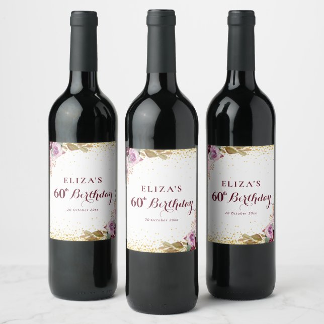 Étiquette Pour Bouteilles De Vin Fleurs violettes 60e anniversaire (Bouteilles)